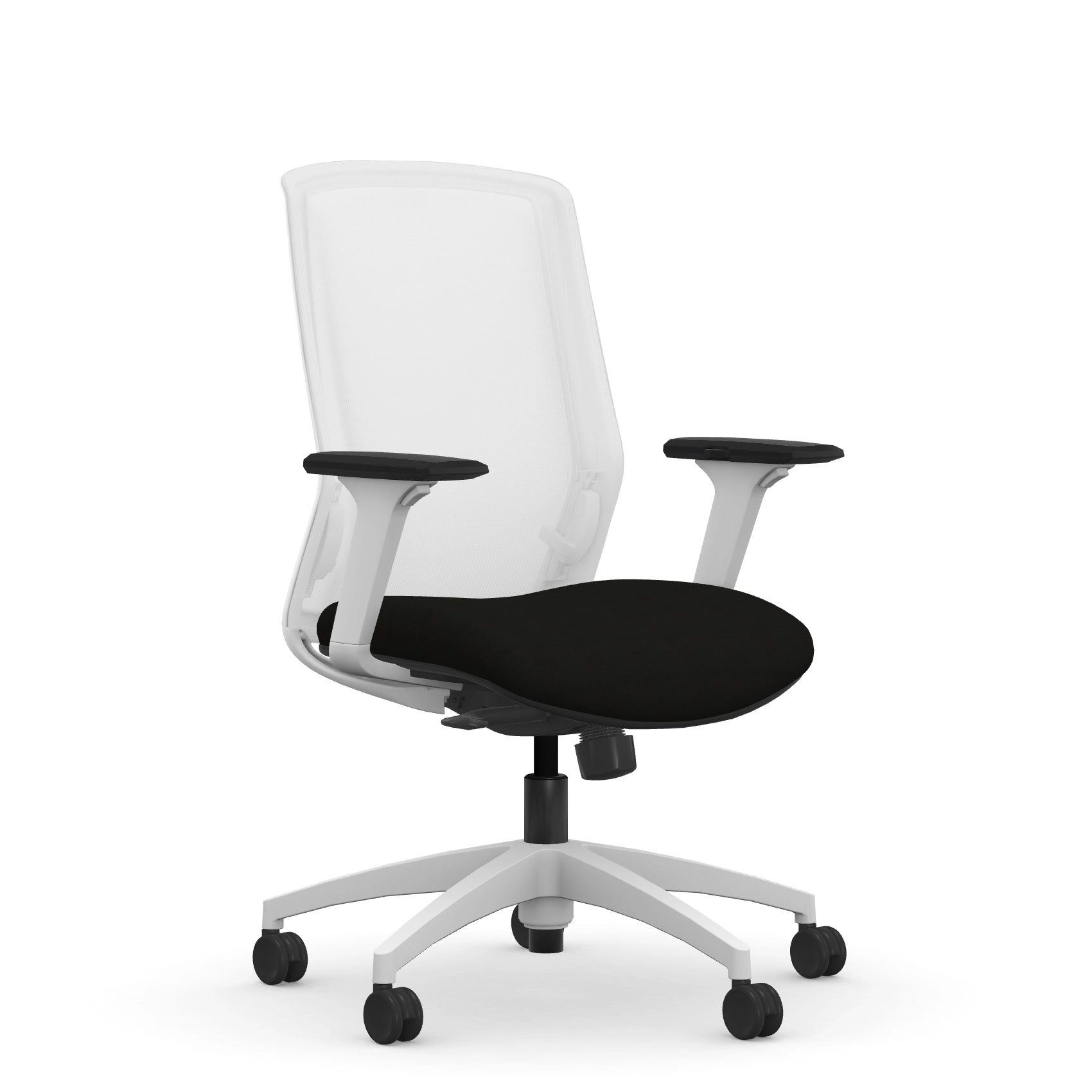 Front view of the 9to5 NeoLite Task chair in a white frame and black fabric. Kansas City Office Design.
