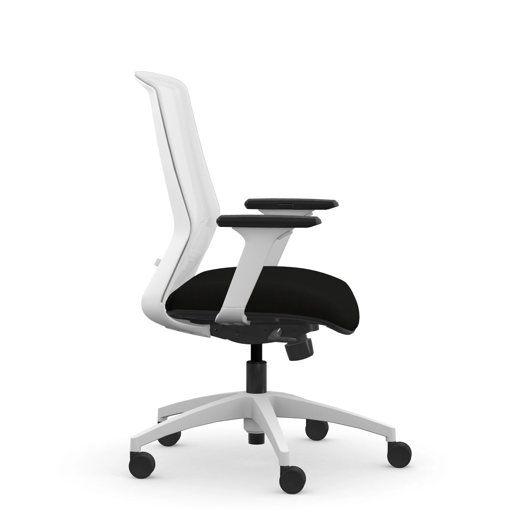 Side view of the 9to5 NeoLite Task chair in a white frame and black fabric. Kansas City Office Design.