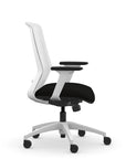 Side view of the 9to5 NeoLite Task chair in a white frame and black fabric. Kansas City Office Design.