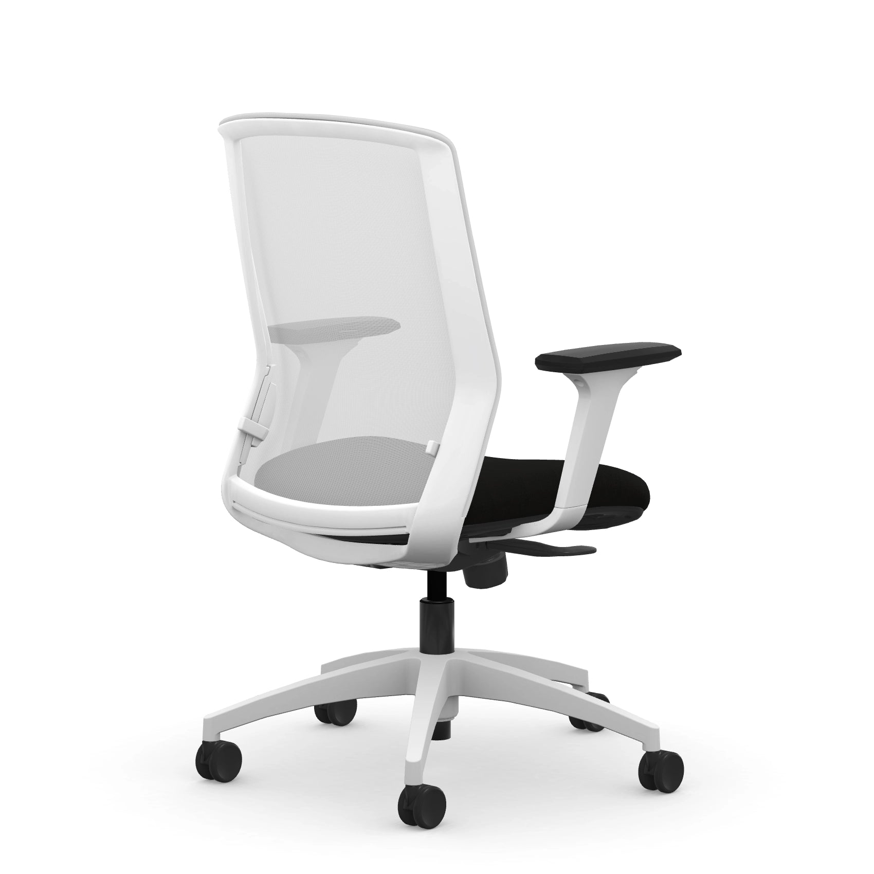 Back view of the 9to5 NeoLite Task chair in a white frame and black fabric. Kansas City Office Design.