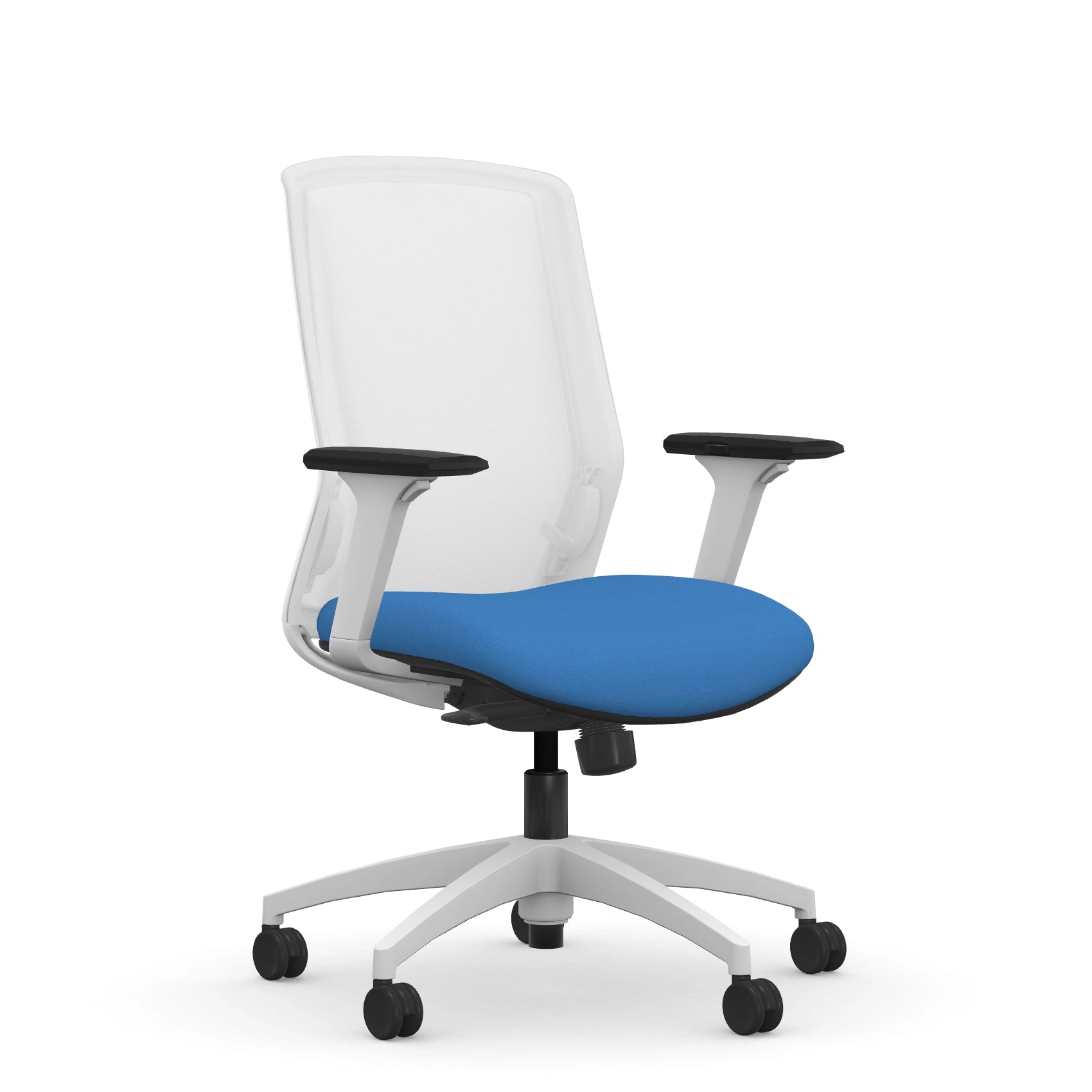 Front view of the 9to5 NeoLite Task chair in a white frame and blue fabric. Kansas City Office Design.