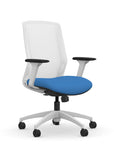 Front view of the 9to5 NeoLite Task chair in a white frame and blue fabric. Kansas City Office Design.