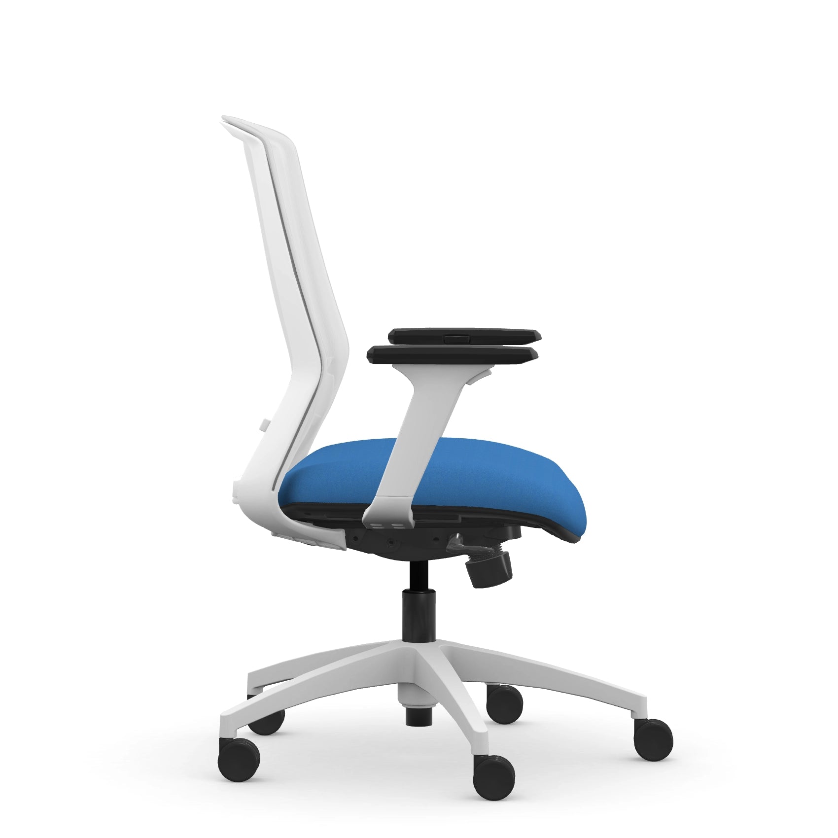 Side view of the 9to5 NeoLite Task chair in a white frame and blue fabric. Kansas City Office Design.