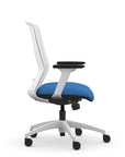 Side view of the 9to5 NeoLite Task chair in a white frame and blue fabric. Kansas City Office Design.