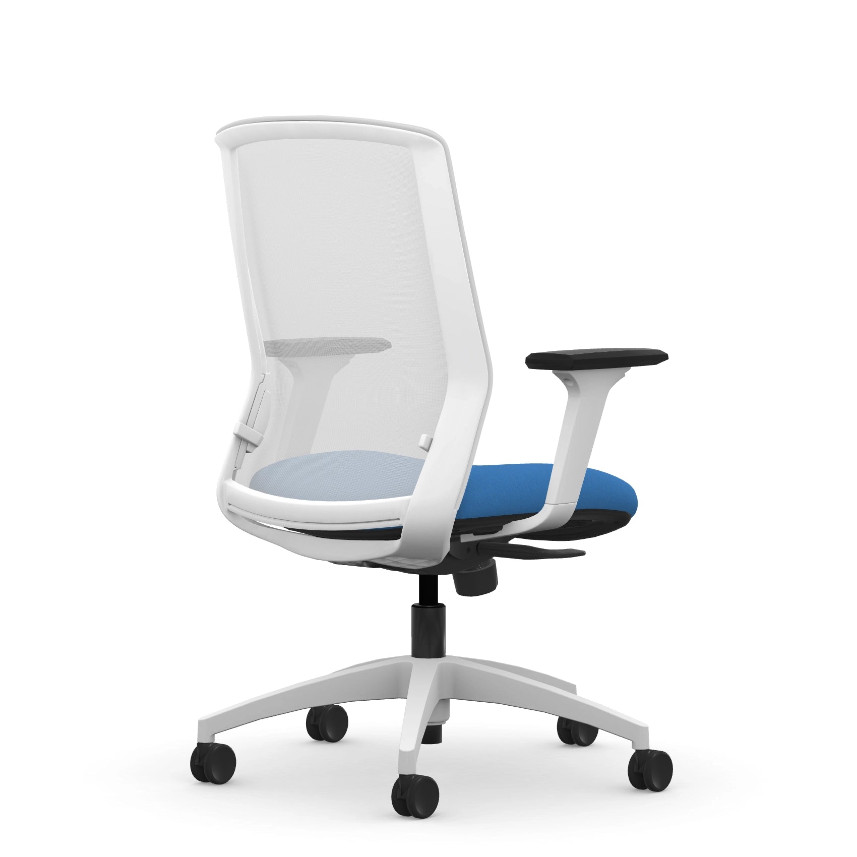 Back view of the 9to5 NeoLite Task chair in a white frame and blue fabric. Kansas City Office Design.