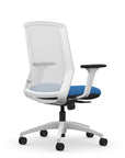 Back view of the 9to5 NeoLite Task chair in a white frame and blue fabric. Kansas City Office Design.