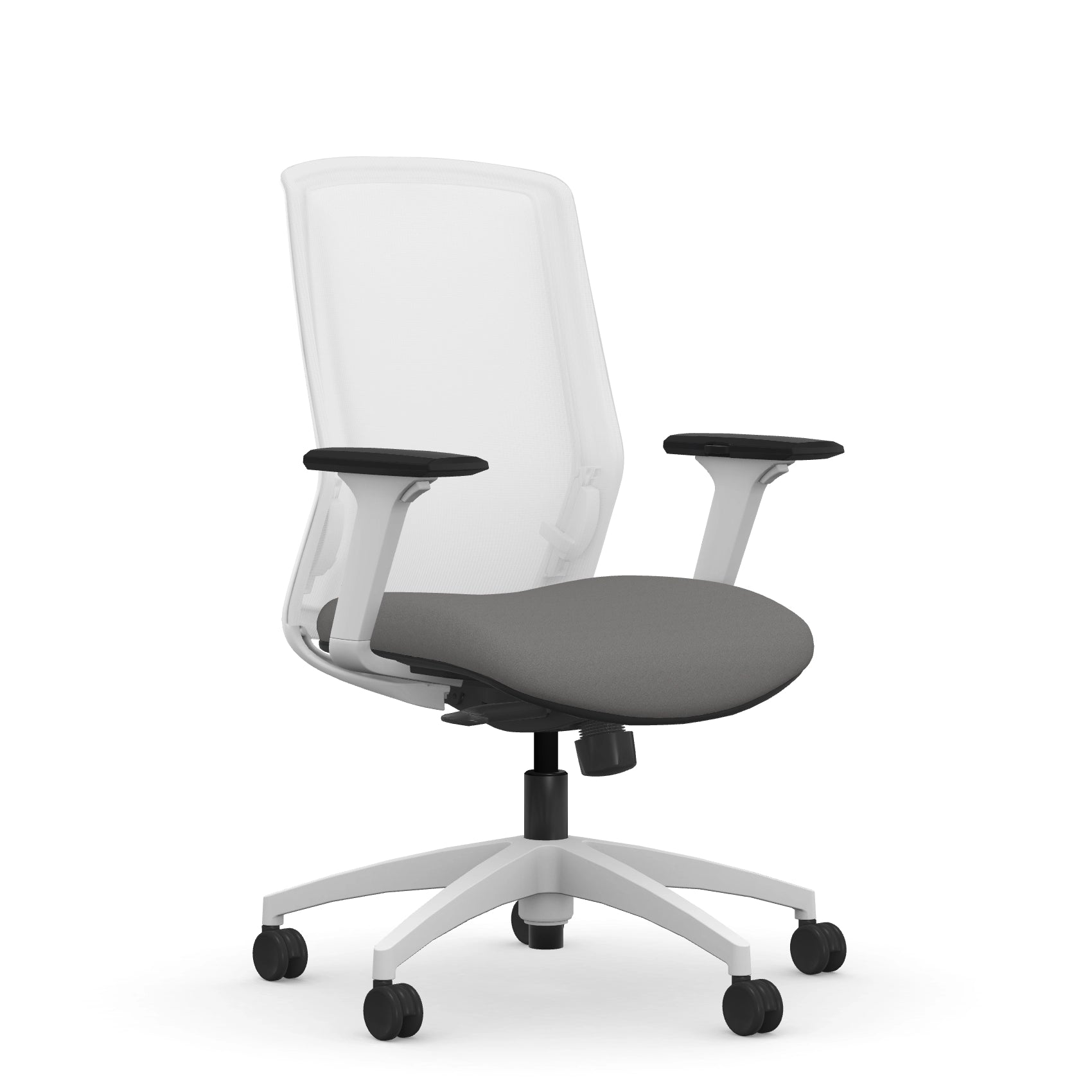 Front view of the 9to5 NeoLite Task chair in a white frame and gray fabric. Kansas City Office Design.