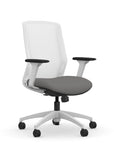 Front view of the 9to5 NeoLite Task chair in a white frame and gray fabric. Kansas City Office Design.