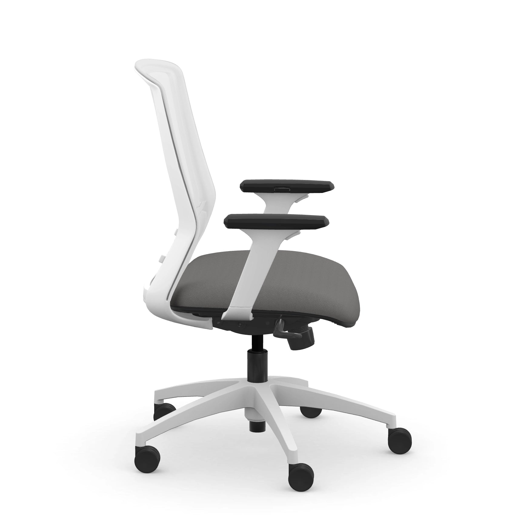 Side view of the 9to5 NeoLite Task chair in a white frame and gray fabric. Kansas City Office Design.
