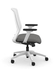 Side view of the 9to5 NeoLite Task chair in a white frame and gray fabric. Kansas City Office Design.