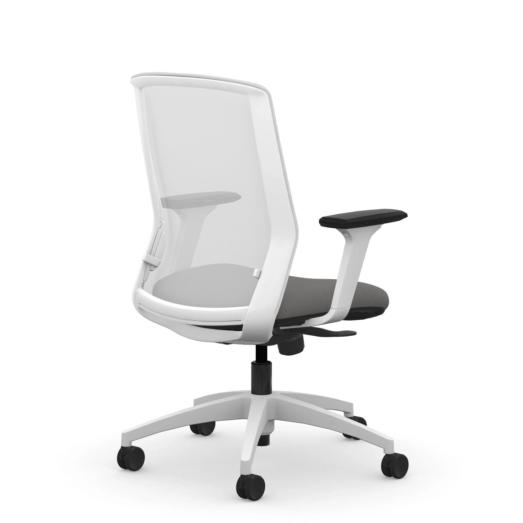 Back view of the 9to5 NeoLite Task chair in a white frame and gray fabric. Kansas City Office Design.