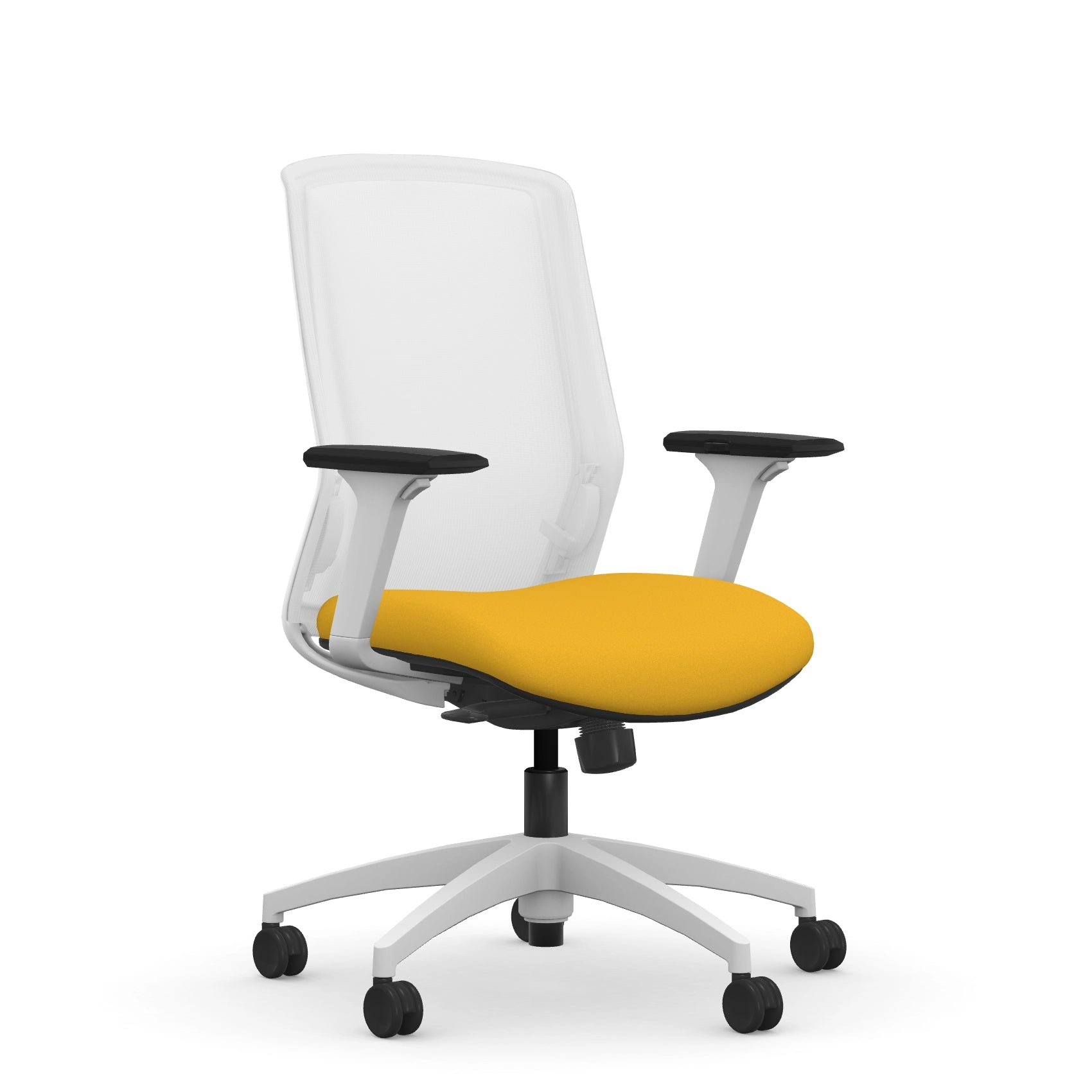 Front view of the 9to5 NeoLite Task chair in a white frame and yellow fabric. Kansas City Office Design.