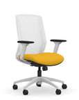 Front view of the 9to5 NeoLite Task chair in a white frame and yellow fabric. Kansas City Office Design.