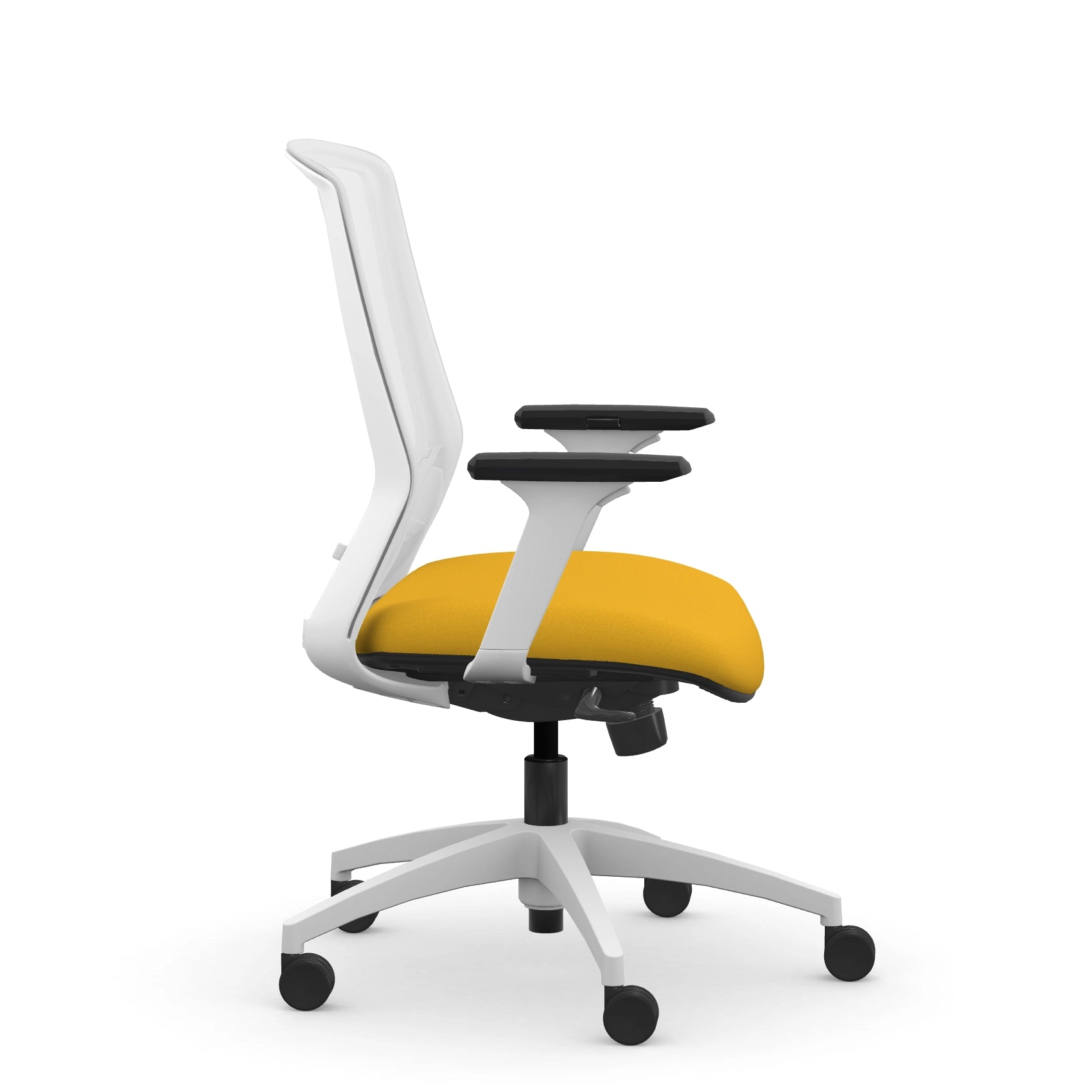 Side view of the 9to5 NeoLite Task chair in a white frame and yellow fabric. Kansas City Office Design.