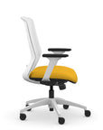 Side view of the 9to5 NeoLite Task chair in a white frame and yellow fabric. Kansas City Office Design.