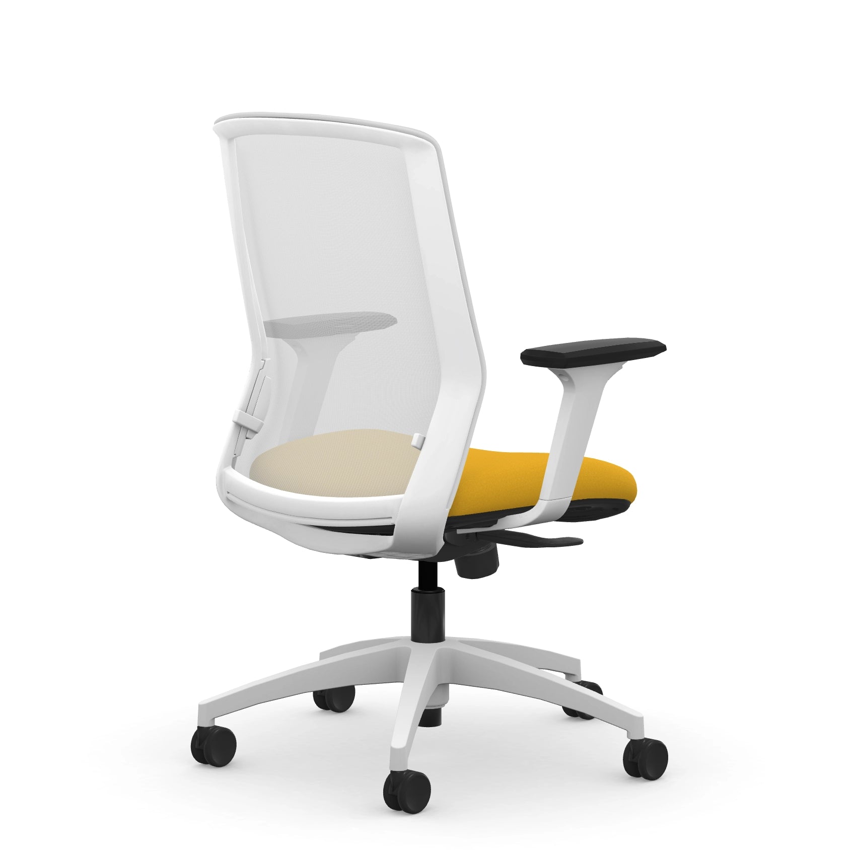 Back view of the 9to5 NeoLite Task chair in a white frame and yellow fabric. Kansas City Office Design.