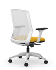 Back view of the 9to5 NeoLite Task chair in a white frame and yellow fabric. Kansas City Office Design.
