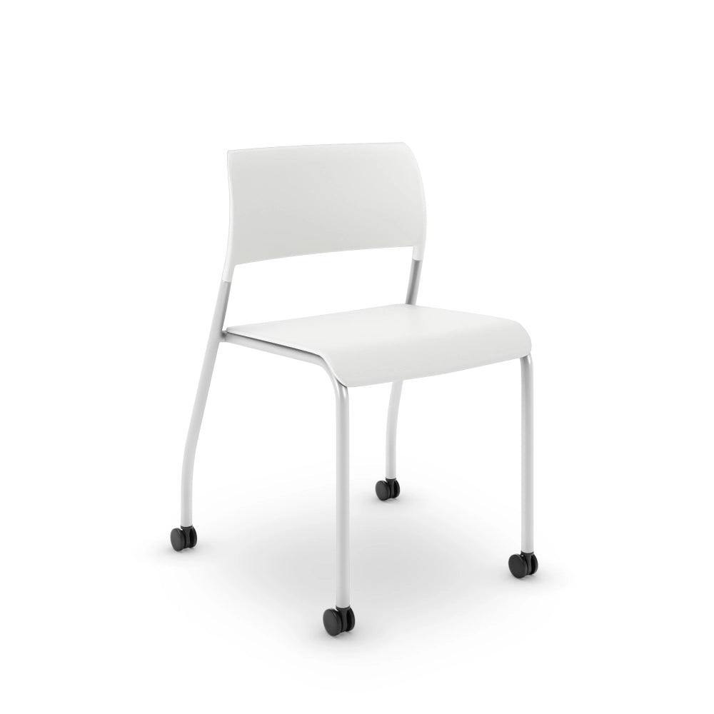 White AIS Pierce chair with silver frame &amp; casters on a white background. Kansas City Office Design