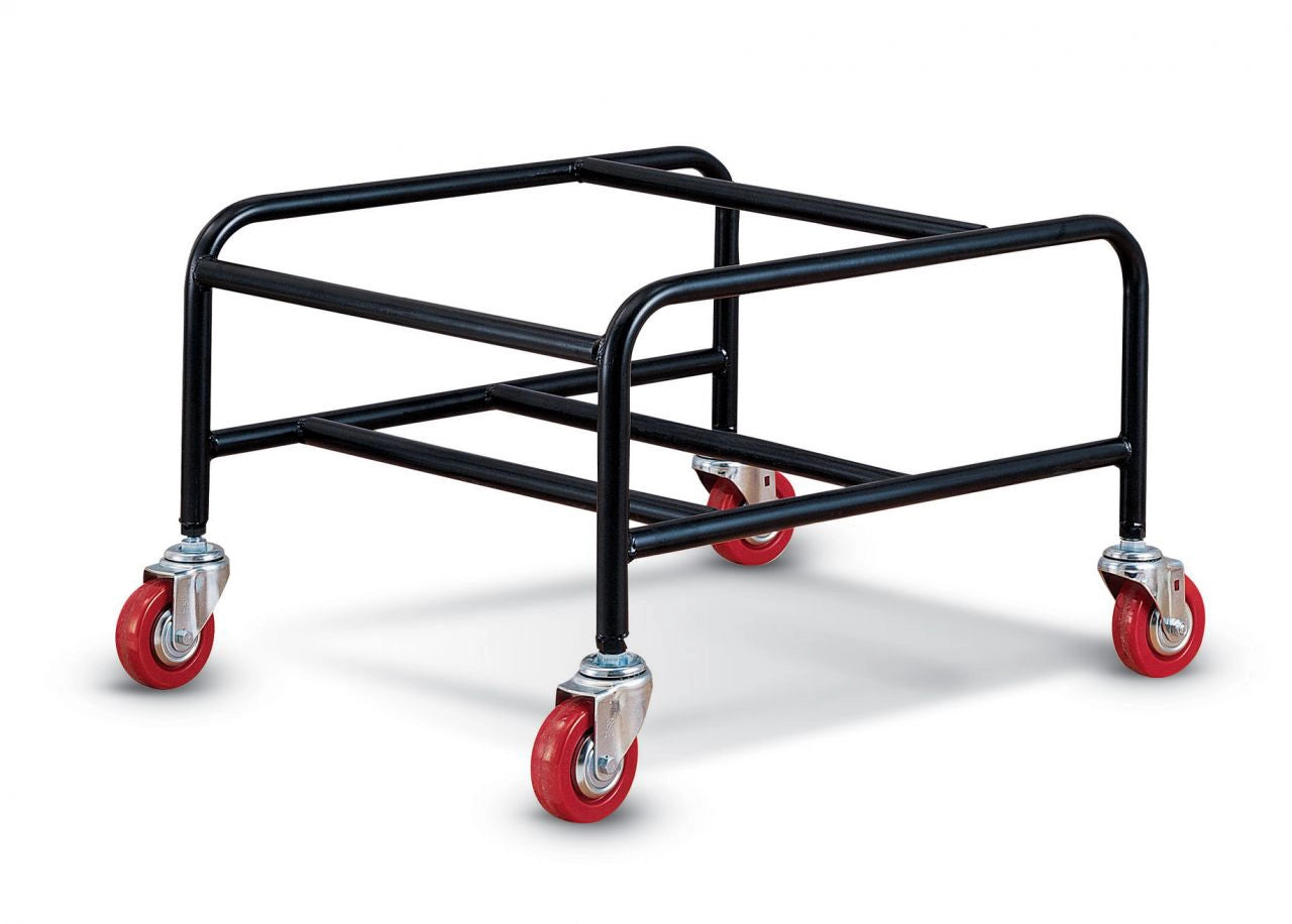 Black metal AIS Pierce Chair dolly cart with red wheels on a white background. Kansas City Office Design