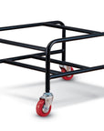 Black metal AIS Pierce Chair dolly cart with red wheels on a white background. Kansas City Office Design