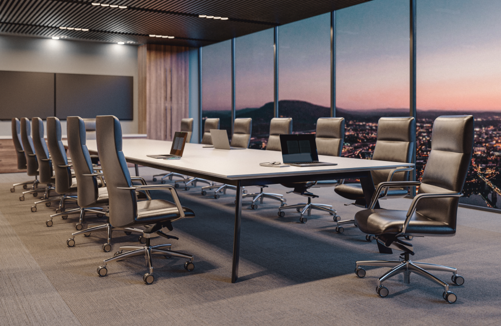 Modern conference room with large table and chairs, overlooking a cityscape at dusk. Kansas City Office Design