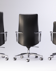 Three black office chairs with chrome frames on a white background. Kansas City Office Design