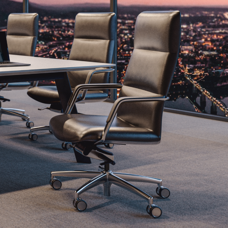Leather office chairs in a conference room with a cityscape view. Kansas City Office Design