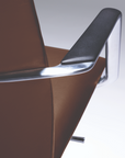 Close-up of a modern chair with brown seat and metallic armrests on a white background. Kansas City Office Design