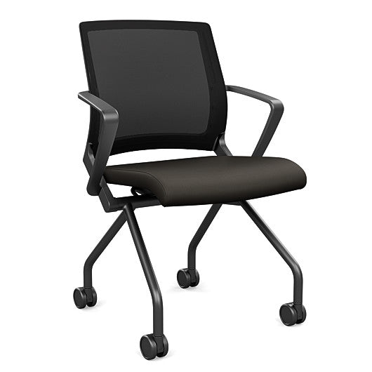 Front view of the SitOnIt Movi Nesting Chair in black vinyl fabric and black frame. Kansas City Office Design.