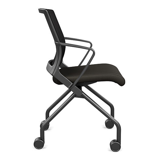 Side view of the SitOnIt Movi Nesting Chair in black vinyl fabric and black frame. Kansas City Office Design.