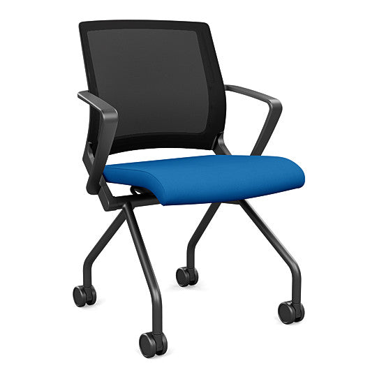Front view of the SitOnIt Movi Nesting Chair in blue fabric and black frame. Kansas City Office Design.