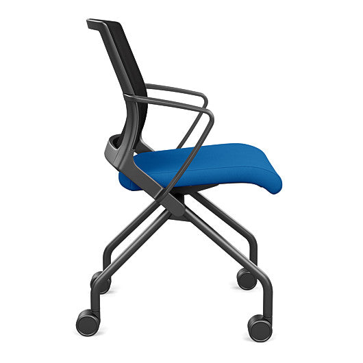 Side view of the SitOnIt Movi Nesting Chair in blue fabric and black frame. Kansas City Office Design.