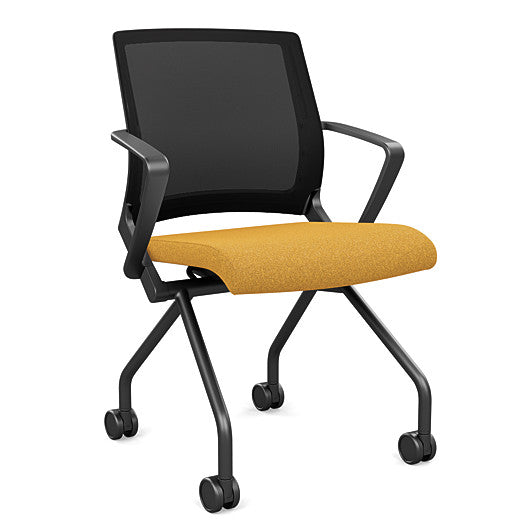 Front view of the SitOnIt Movi Nesting Chair in gold fabric and black frame. Kansas City Office Design.