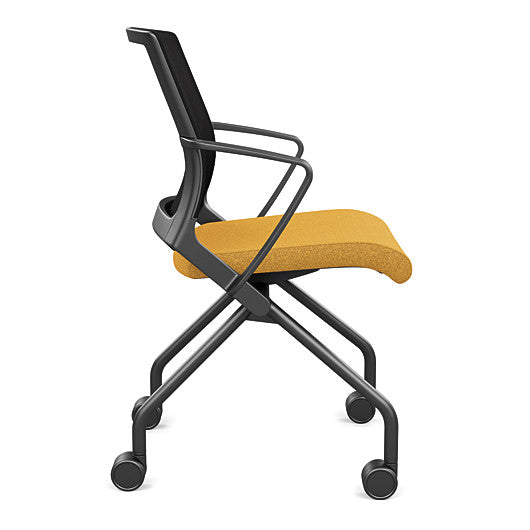 Side view of the SitOnIt Movi Nesting Chair in gold fabric and black frame. Kansas City Office Design.