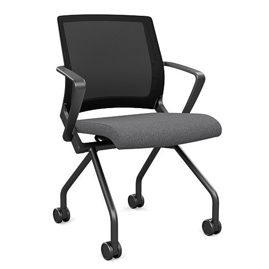 Front view of the SitOnIt Movi Nesting Chair in gray fabric and black frame. Kansas City Office Design.