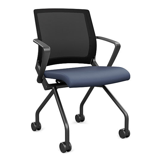 Front view of the SitOnIt Movi Nesting Chair in sapphire vinyl fabric and black frame. Kansas City Office Design.