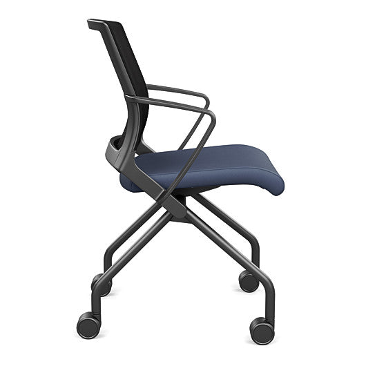 Side view of the SitOnIt Movi Nesting Chair in sapphire vinyl fabric and black frame. Kansas City Office Design.