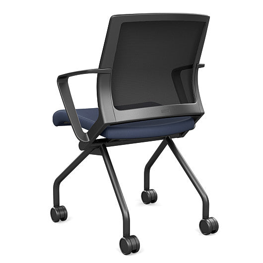 Back view of the SitOnIt Movi Nesting Chair in sapphire vinyl fabric and black frame. Kansas City Office Design.