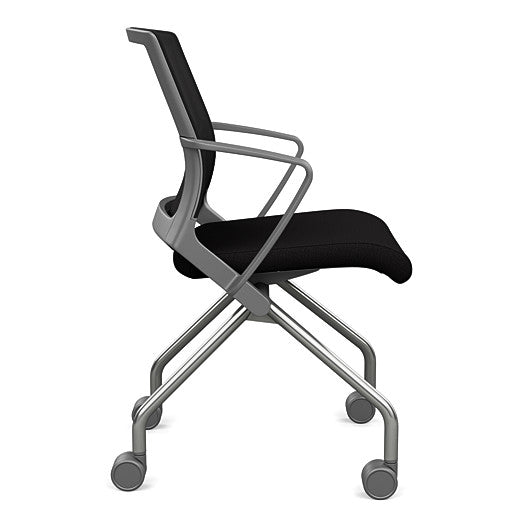 Side view of the SitOnIt Movi Nesting Chair in black fabric and gray frame. Kansas City Office Design.