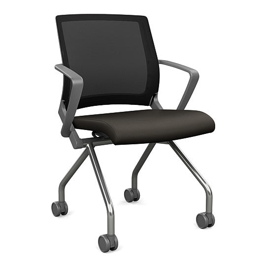 Front view of the SitOnIt Movi Nesting Chair in black vinyl fabric and gray frame. Kansas City Office Design.