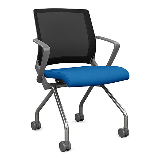 Front view of the SitOnIt Movi Nesting Chair in blue fabric and gray frame. Kansas City Office Design.