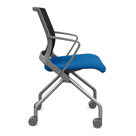 Side view of the SitOnIt Movi Nesting Chair in blue fabric and gray frame. Kansas City Office Design.