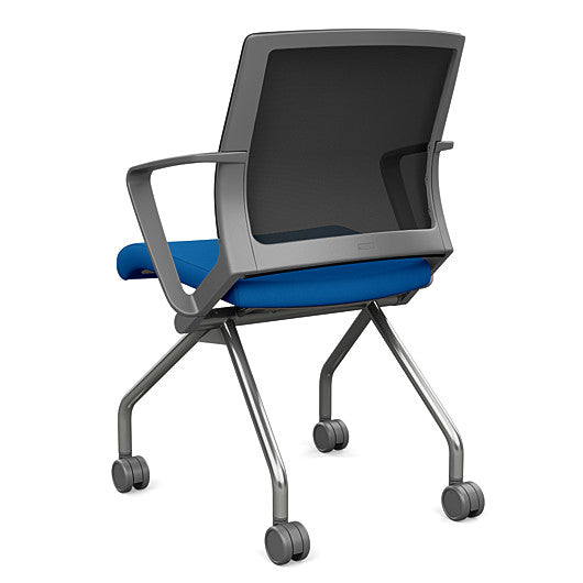 Back view of the SitOnIt Movi Nesting Chair in blue fabric and gray frame. Kansas City Office Design.