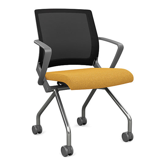 Front view of the SitOnIt Movi Nesting Chair in gold fabric and gray frame. Kansas City Office Design.