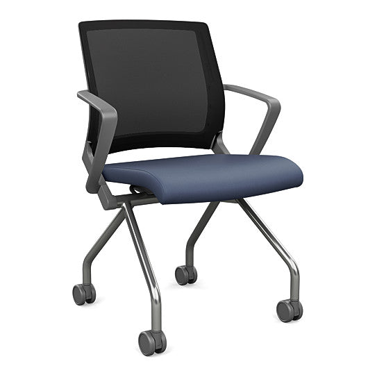 Front view of the SitOnIt Movi Nesting Chair in sapphire vinyl fabric and gray frame. Kansas City Office Design.
