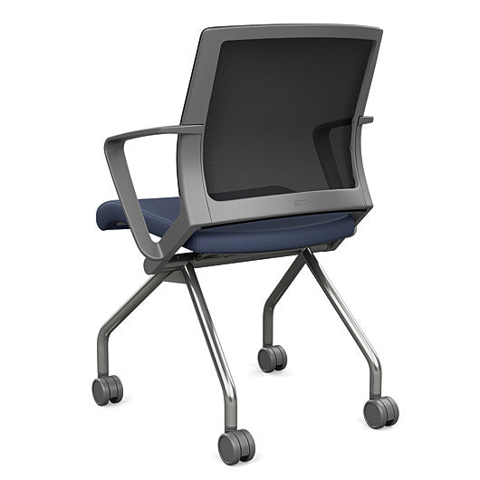 Back view of the SitOnIt Movi Nesting Chair in sapphire vinyl fabric and gray frame. Kansas City Office Design.