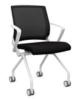 Front view of the SitOnIt Movi Nesting Chair in black fabric and white frame. Kansas City Office Design.