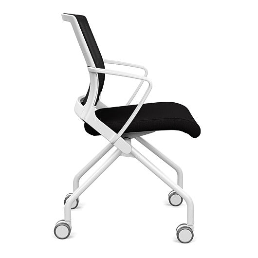 Side view of the SitOnIt Movi Nesting Chair in black fabric and white frame. Kansas City Office Design.