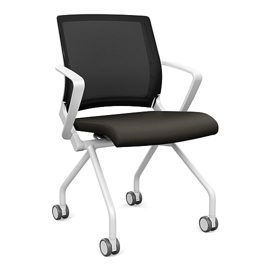 Front view of the SitOnIt Movi Nesting Chair in black vinyl fabric and white frame. Kansas City Office Design.