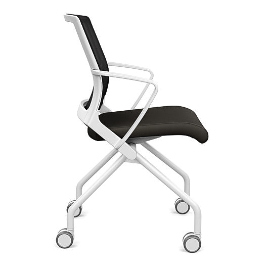 Side view of the SitOnIt Movi Nesting Chair in black vinyl fabric and white frame. Kansas City Office Design.